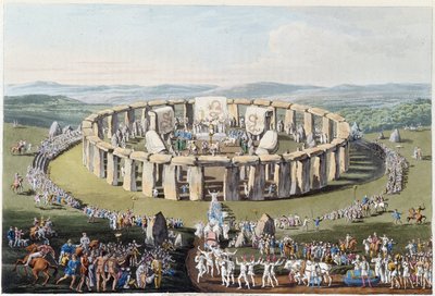 Fête bretonne sur un champ mégalithique (avec dolmens et menhirs) - dans « Celtes et Goths, coutumes des habitants des îles britanniques du début du VIe siècle et des nations gothiques de la côte ouest de la Baltique », par S.R. Meyrick et Ch. Smith - English School