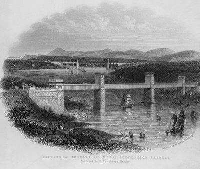 Ponts tubulaires et suspendus de Britannia et Menai (gravure) - English School