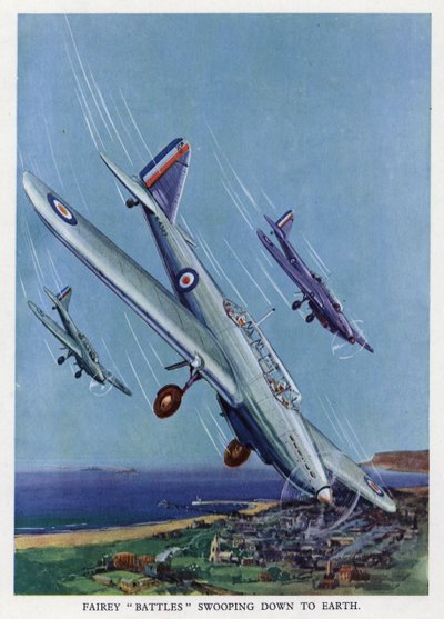 Bombardiers légers britanniques Fairey Battle plongeant vers le sol - English School
