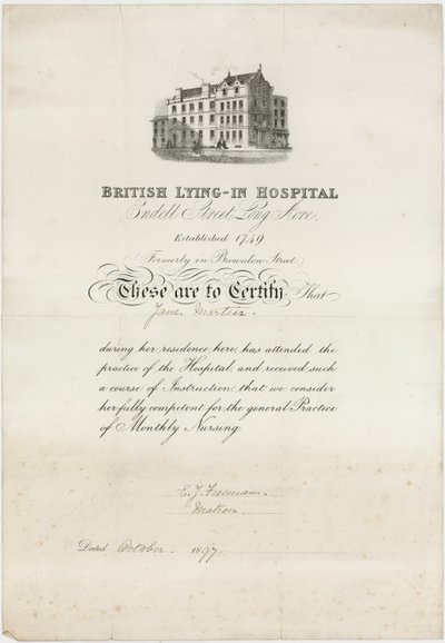 Hôpital britannique de maternité. Certificat de soins - English School