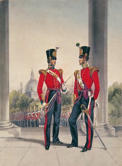 Officiers britanniques en Inde (gravure en couleur) - English School