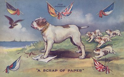 Bulldog britannique debout sur le traité de la Grande-Bretagne avec la Belgique - English School
