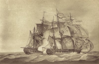 Frégate britannique HMS Santa Margarita, commandée par le capitaine Thomas Byam Martin, capturant la frégate française Tamise, juin 1796 (lithographie) - English School