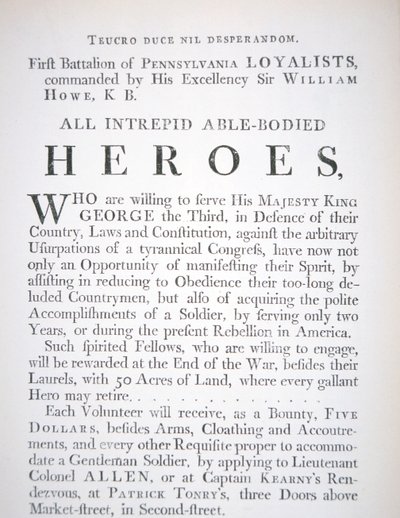 Affiche de recrutement britannique pour le premier bataillon des loyalistes de Pennsylvanie, pendant la guerre d