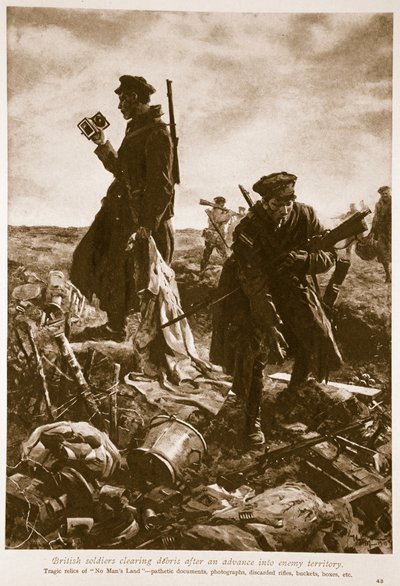 Soldats britanniques déblayant les débris après une avancée en territoire ennemi, 1914-19 - English School