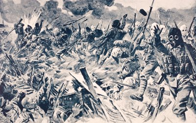 Troupes britanniques en masques à gaz attaquant les tranchées allemandes à Loos, France, 25 septembre 1915, de 