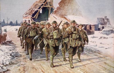 Troupes britanniques en marche dans des conditions hivernales, 1914-19 - English School