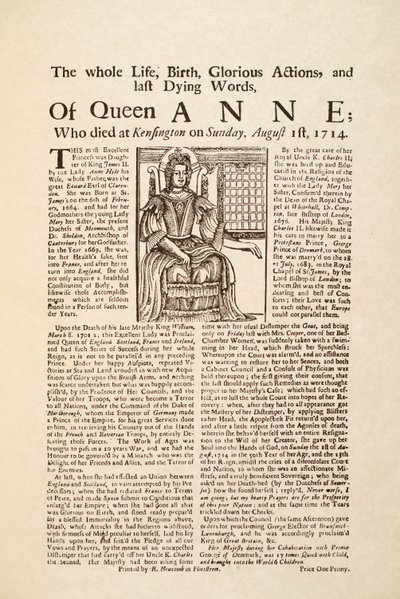 Affiche publiée à la mort de la reine Anne, le dimanche 1er août 1714 - English School