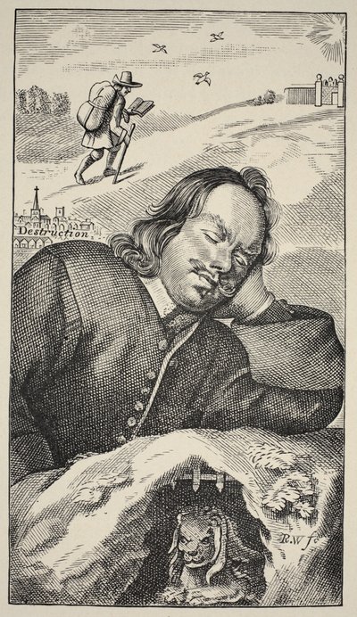 Le rêve de Bunyan, frontispice de The Pilgrims Progress par John Bunyan (1628-88), 4e édition, pub. 1680 - English School
