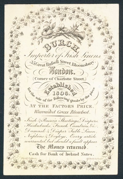 Burch, importateur de lin irlandais, carte de visite - English School