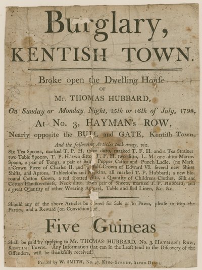 Cambriolage à Kentish Town en 1798. Récompense de 5 £ - English School