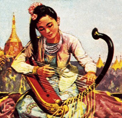 Fille birmane jouant de la harpe - English School