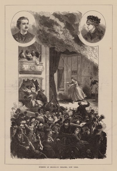 Incendie du théâtre de Brooklyn, New York (gravure) - English School