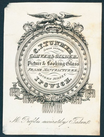 Carte de visite de C F Tunmer, sculpteur et doreur, fabricant de cadres pour tableaux et miroirs - English School