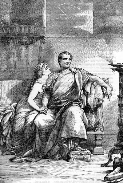Calpurnia et César - Jules César - La Tragédie de Jules César - Illustration dans "Œuvres complètes de William Shakespeare" 1866 - Les illustrations et la forme générale de cette édition sont empruntées à Shakespeare illustré de Cassell, publié à Londres - English School