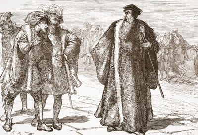 Calvin insulté par les Libertins sur le pont du Rhône, illustration de L