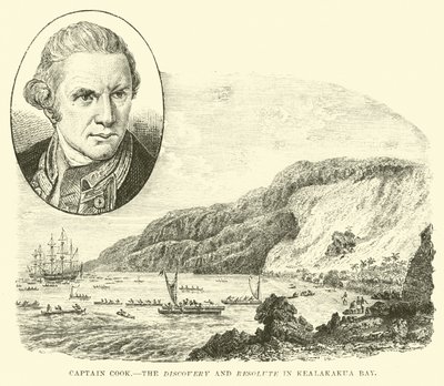 Capitaine Cook, le Discovery et le Resolute dans la baie de Kealakakua - English School