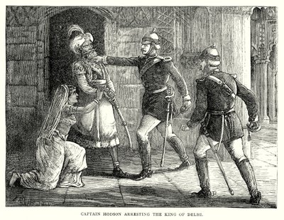 Le capitaine Hodson arrêtant le roi de Delhi (gravure) - English School