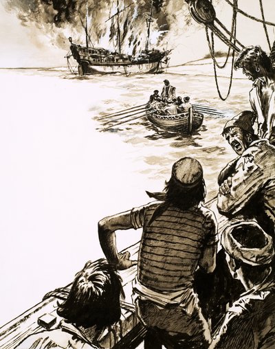 Le capitaine Juan Sebastian del Cano brûle un de ses navires - English School