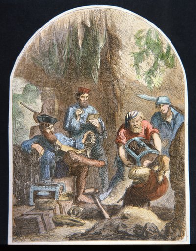 Le capitaine William Kidd cachant un trésor dans une caverne (lithographie en couleur) - English School