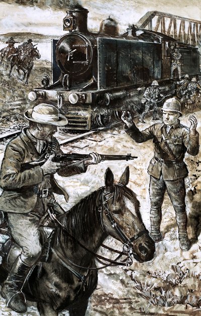 Capture de Winston Churchill pendant la guerre des Boers (gouache sur papier) - English School