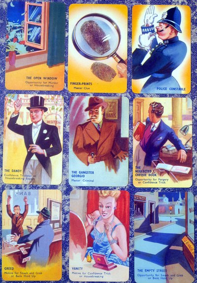 Cartes pour un jeu de cartes de meurtre mystère familial anglais I Commit, vers 1930 - English School