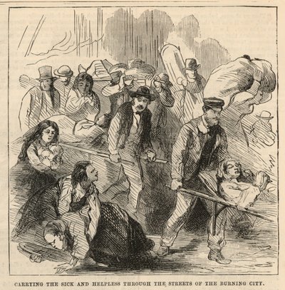 Transport des malades et des impuissants dans les rues de la ville en feu - English School