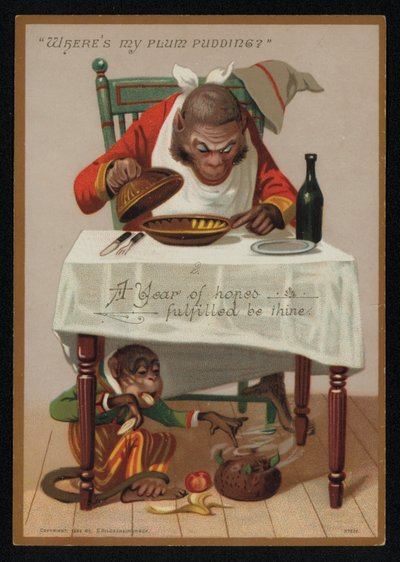 Dessin animé de singes et un pudding aux prunes, carte de vœux du Nouvel An - English School