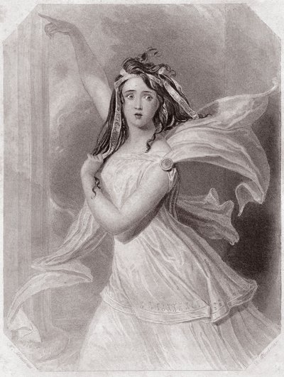 Cassandra (une prophétesse) (Troïlus et Cressida) dans - « Galerie des femmes de Shakespeare, collection de quarante-cinq portraits sérieux par les premiers artistes de Londres, enrichie de notices critiques et littéraires » vers 1838 - de « Galerie des fe - English School