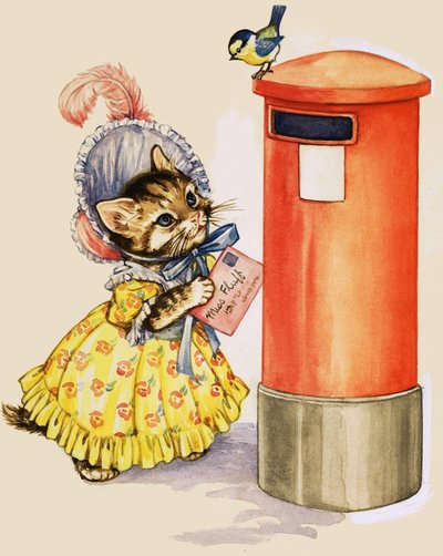 Chat avec un bonnet postant une lettre dans une boîte aux lettres - English School