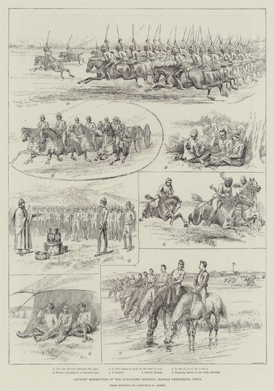 Manœuvres de cavalerie de la division de Bangalore, présidence de Madras, Inde (gravure) - English School