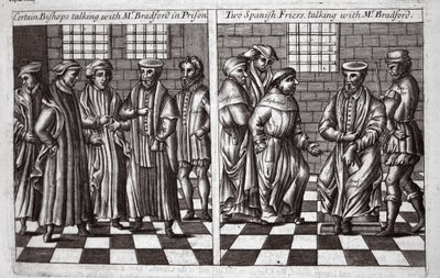 Certains évêques parlant avec M. Bradford en prison, et deux frères espagnols parlant avec M. Bradford, illustration des Actes et Monuments de John Foxe, neuvième édition, pub. 1684 - English School
