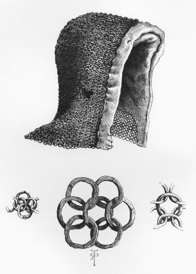 Cagoule en cotte de mailles et exemple de cotte de mailles entrelacées, vers 1120 après J.-C., de L