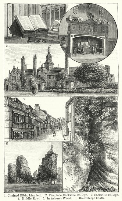 Bible enchaînée, Lingfield ; Cheminée, Sackville College ; Sackville College ; Middle Row ; À Ashurst Wood ; Château de Brambletye - English School