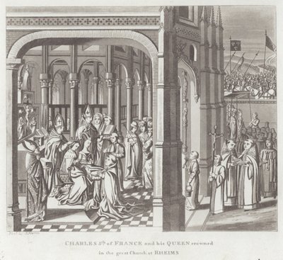 Charles V de France et sa reine couronnés dans la grande église de Reims - English School