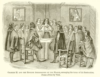 Charles II et les ambassadeurs anglais à La Haye, arrangeant les termes de sa restauration - English School