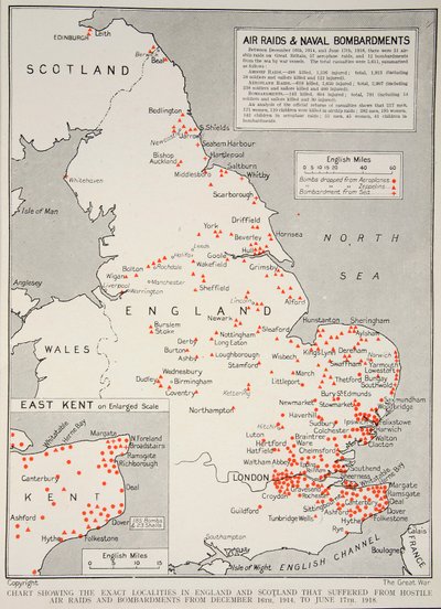 Carte montrant les localités exactes en Angleterre et en Écosse qui ont souffert des raids aériens et des bombardements hostiles du 16 décembre 1914 au 17 juin 1918, 1918-19 - English School