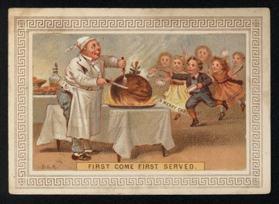Chef découpant un pudding aux prunes, carte de vœux de Noël - English School