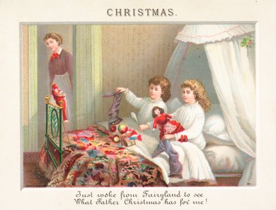 Enfants vidant leurs bas le matin de Noël, carte de Noël - English School
