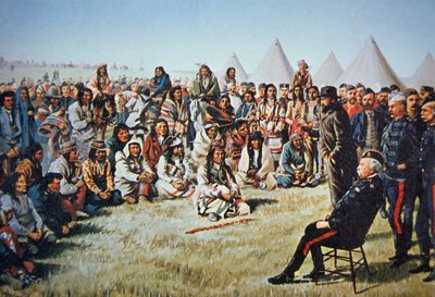 Le chef Poundmaker se rend au général Middleton pendant la rébellion du Nord-Ouest de 1885 - English School