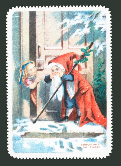Enfant déguisé en Père Noël frappant à la porte - English School