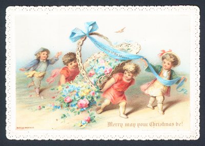 Enfants et chérubins tirant un panier de fleurs, carte de Noël - English School