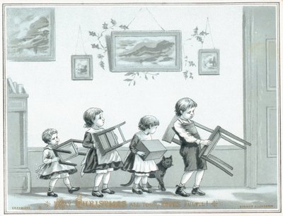Enfants portant une chaise et des tabourets - English School