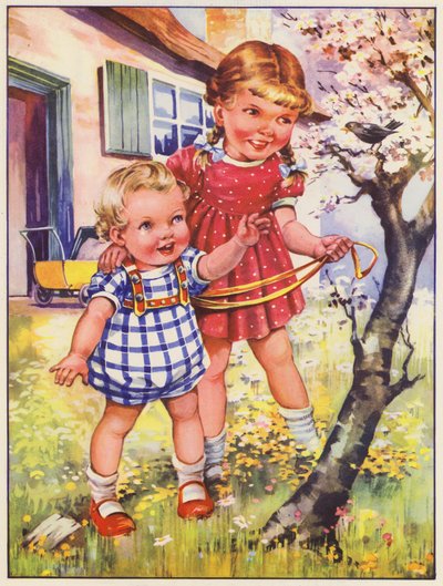 Enfants dans le jardin avec un merle (lithographie couleur) - English School