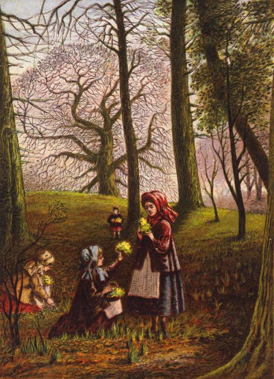 Enfants cueillant des fleurs dans les bois (lithographie couleur) - English School