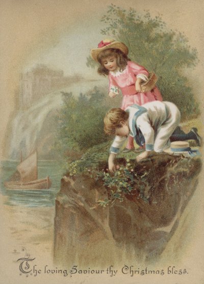 Enfants cueillant des fleurs sur une rive, carte de Noël - English School