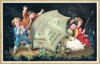Enfants jouant et pêchant, carte de Noël - English School