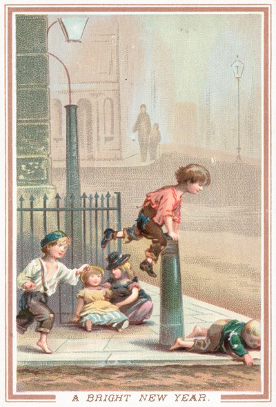 Enfants jouant à saute-mouton dans la rue, carte de Nouvel An - English School