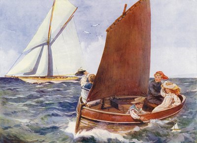 Enfants naviguant et regardant un yacht passer (lithographie en couleur) - English School