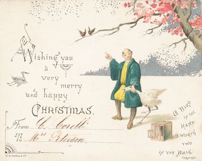 Chinois tenant une cigogne, Carte de Noël - English School